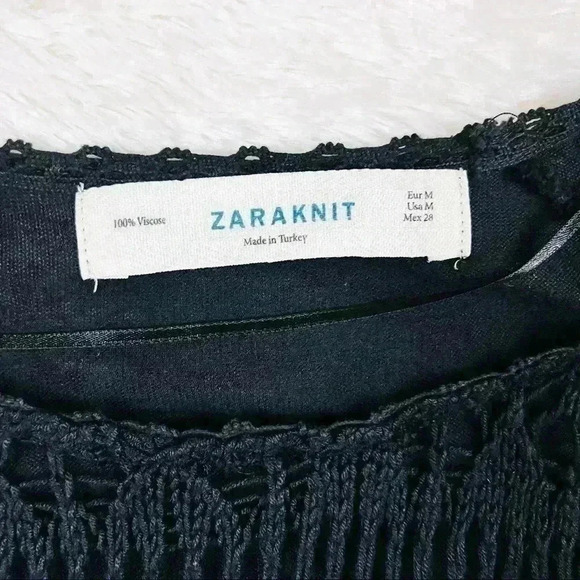 Zara Knit Black High Low 3/4 Sleeve Crochet Blouse Size M - Picture 10 of 11